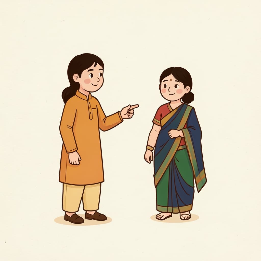तुम्ह (तुम) (तुम, तुम सब · you, you all): A teacher pointing kindly towards a student in front of her.